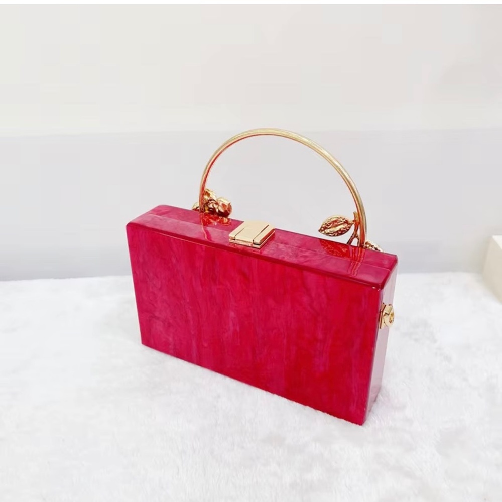 #B008  Red Acrylic  Bold Elegance  Marble  Rhinestones Gold Floral Handle Clutch - Picture 3 of 5